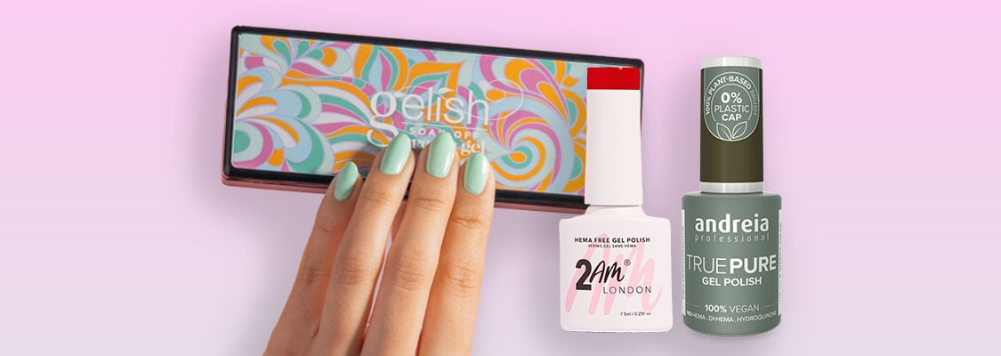 Assortiment TPO-vrije gellakken van Pro Duo, waaronder Andreia Professional True Pure, 2AM London en Gelish, met veganistische en plantaardige formules.