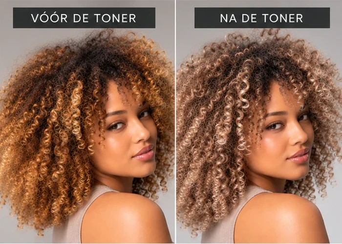 shows lighter hair. Kroeshaar v&oacute;&oacute;r en na het aanbrengen van toner. Na de behandeling is het haar lichter.